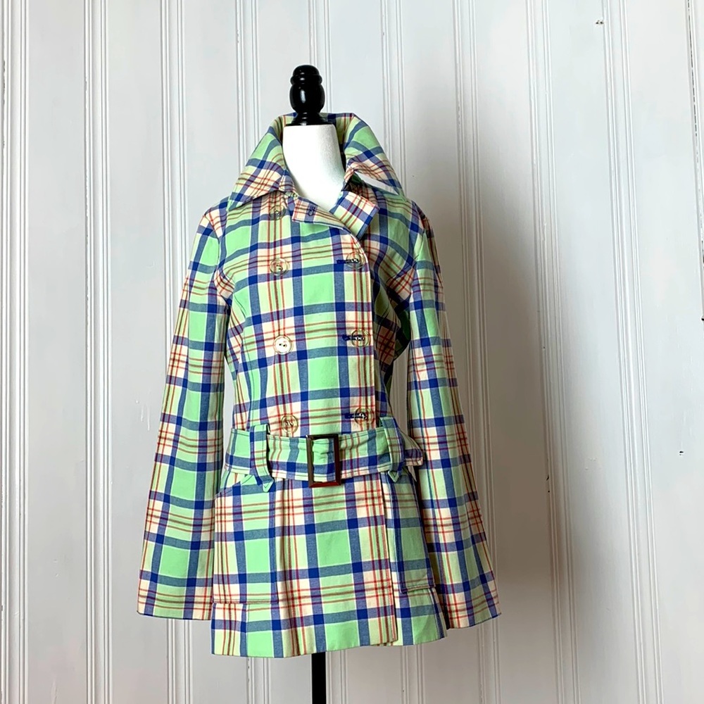 Vintage Ellabee Plaid Short Trench Coat in Mint Green and Periwinkle Blue